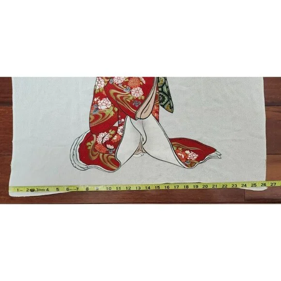 Vintage Japanese Scarf Geisha Kimono Art Print Red Gold Ivory Japan Size 28x 26